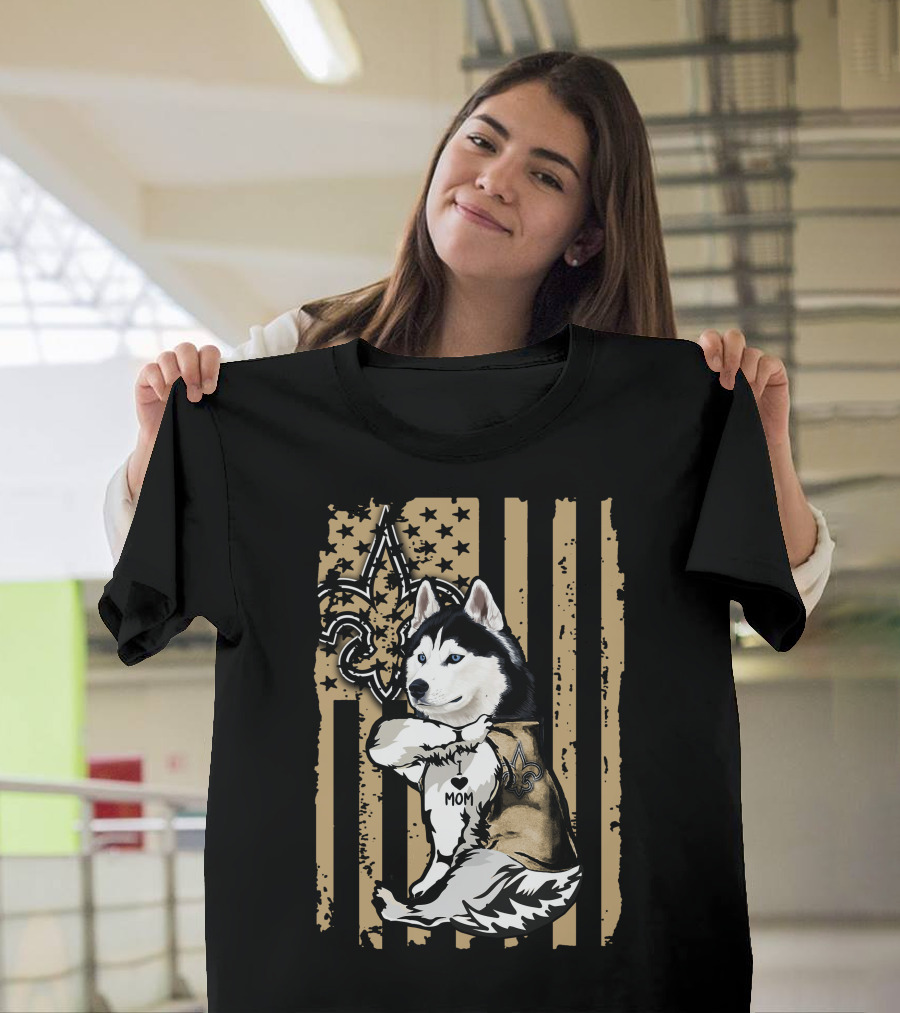 Siberian Husky Mom New Orleans Saints Fleur-de-Lis American Flag T-Shirt