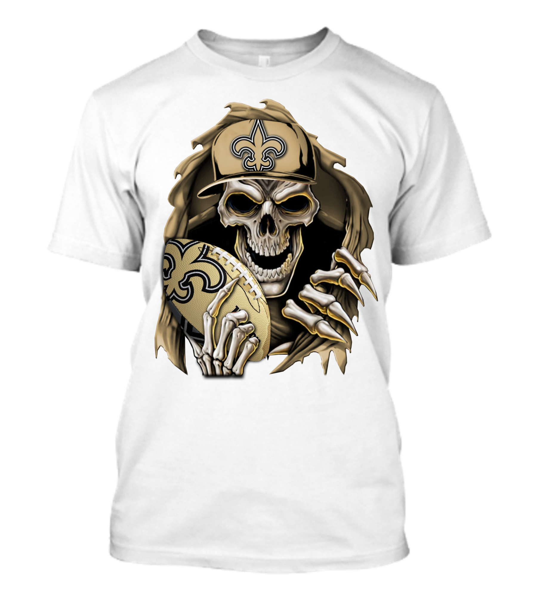 Skullbong New Orleans Saints Skeleton Holding Football With Fleur-de-Lis Cap T-Shirt