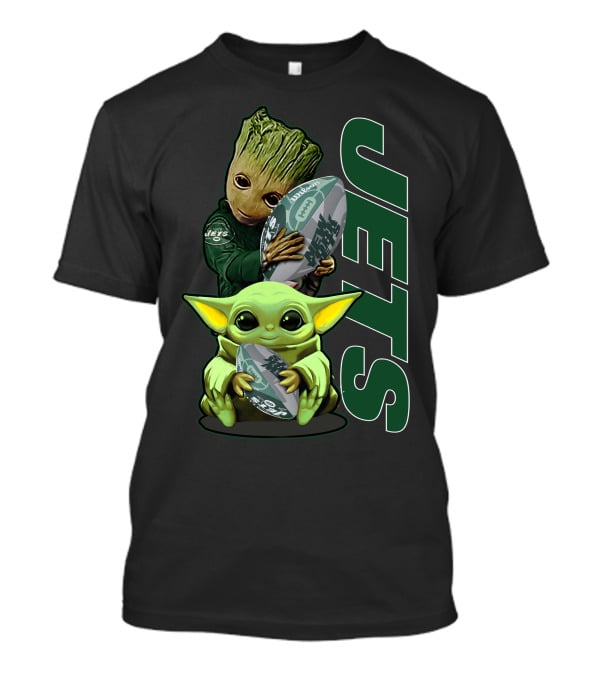 Grzd New York Jets Baby Groot And Baby Yoda With Football T-Shirt