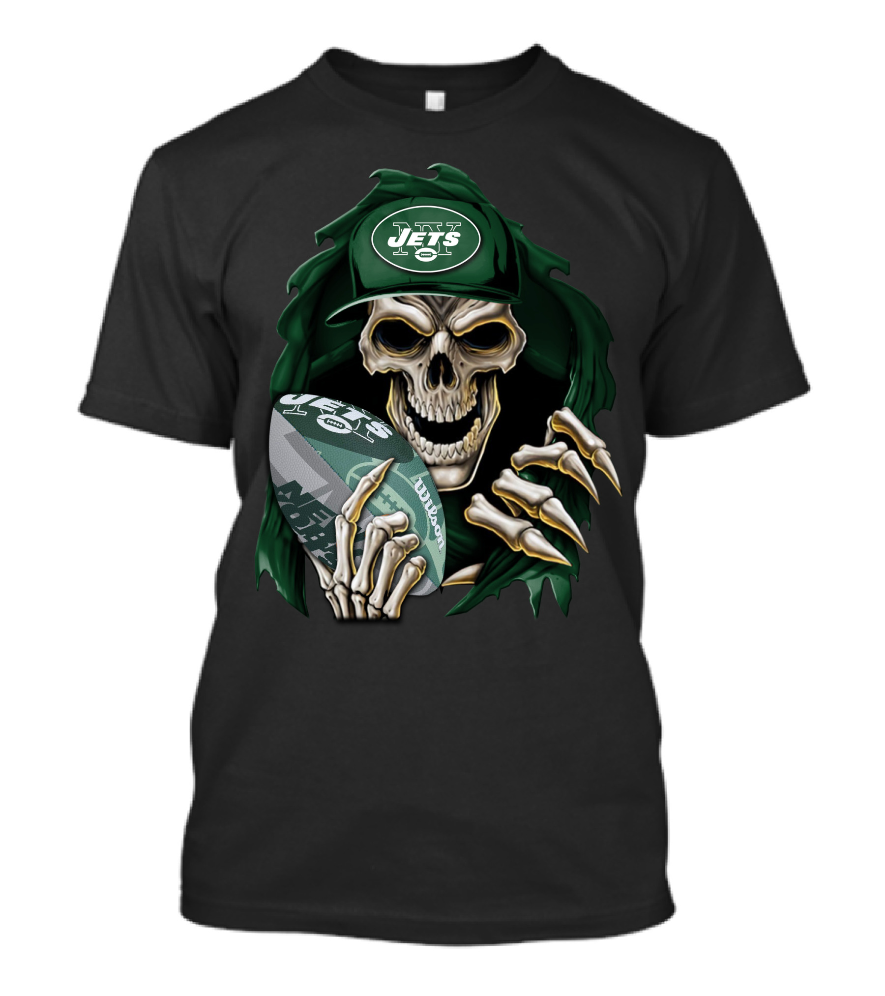 New York Jets Skullbong Skeleton Holding Football T-Shirt