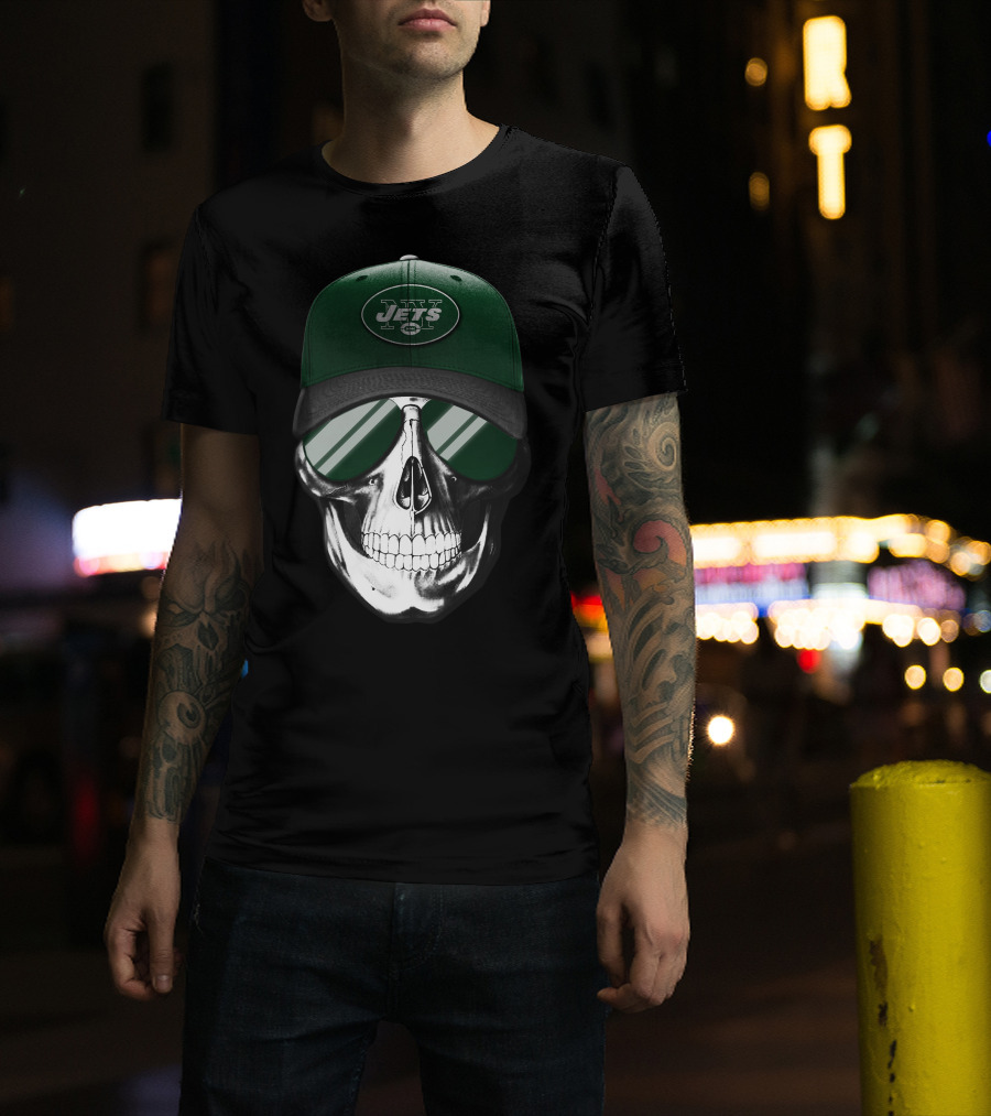 Skull V7 New York Jets Hat And Sunglasses T-Shirt