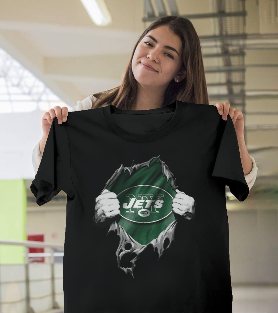 Torn V2 New York Jets Logo Green Background Hands Pulling Open T-Shirt