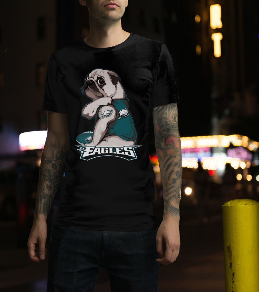 Pug Wearing Eagles Jersey With Football And Eagles Text T-Shirt