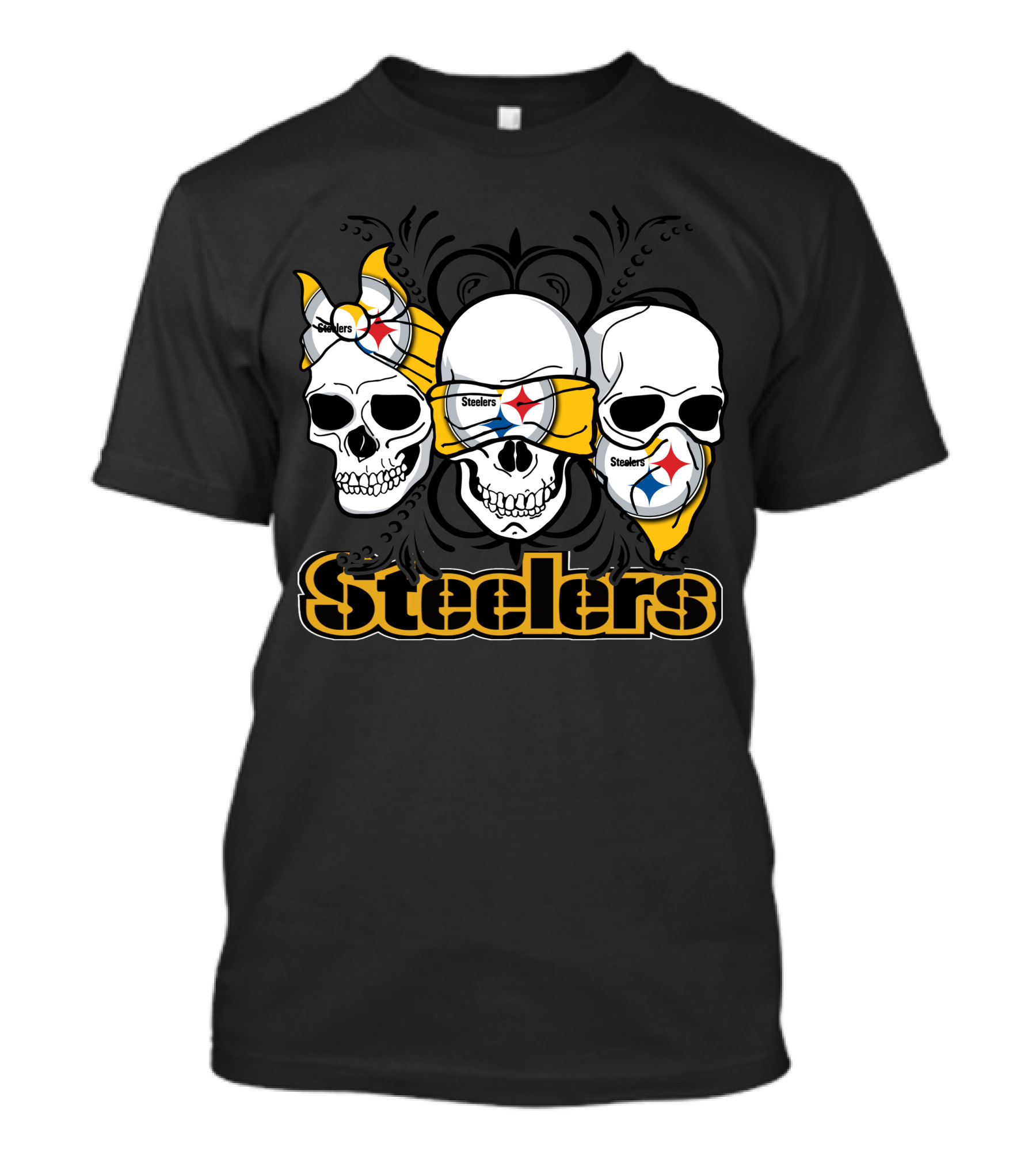 Steelers Skull Trio With Team Logo Bandanas T-Shirt