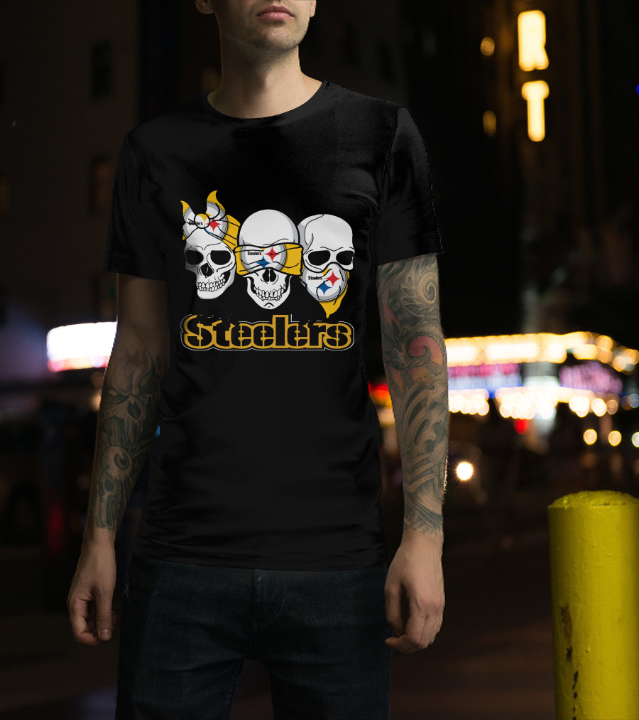 Steelers Skull Trio With Team Logo Bandanas T-Shirt