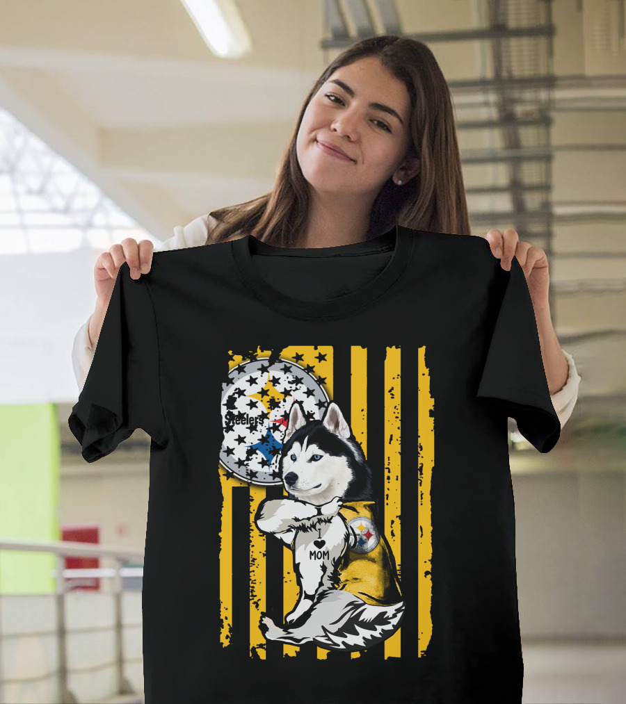 Siberian Husky Steelers Mom Fan Art with Pittsburgh Colors T-Shirt