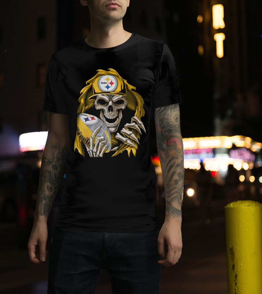 Skullbong Steelers Skeleton With Football And Cap T-Shirt