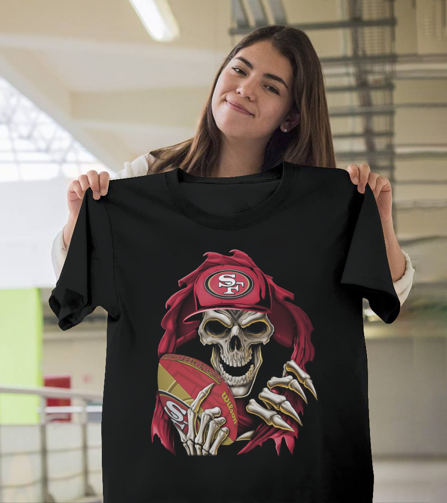 San Francisco 49ers Skull Holding Football with SF Cap T-Shirt