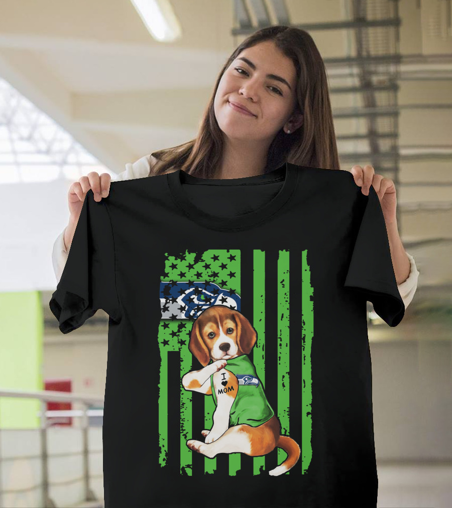 Seattle Seahawks Beagle with I Love Mom Tattoo T-Shirt
