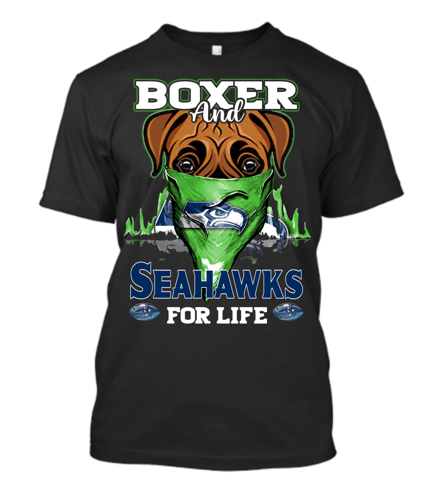 Boxer And Seahawks For Life Seahawks Mask Green Blue Dog Fan T-Shirt