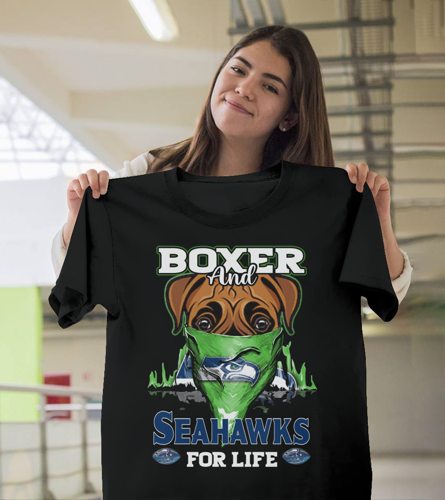Boxer and Seahawks for Life Seahawks Mask Green Blue Dog Fan T-Shirt