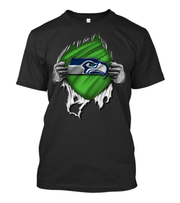 Torn Seattle Seahawks Logo With Green Background And Hands Peeling Fabric T-Shirt