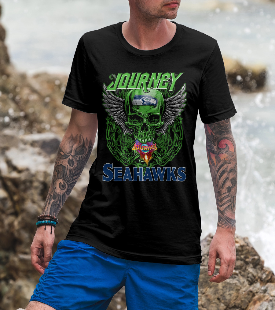 Journey Seattle Seahawks Skull With Wings And Chains T-Shirt