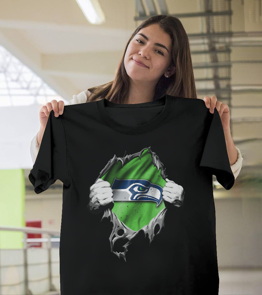 Seattle Seahawks Torn V2 Logo Peeking Through Ripped Fabric T-Shirt