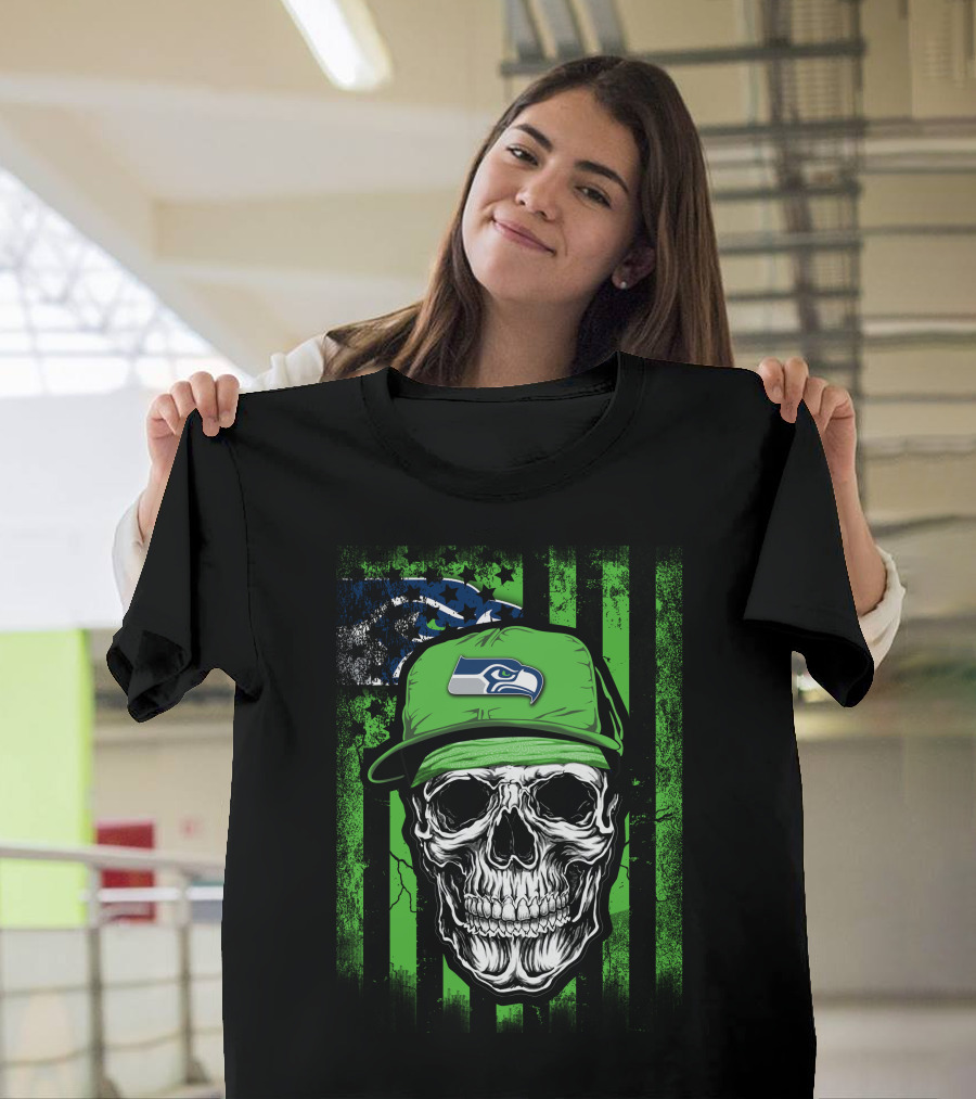 Skull In Seattle Seahawks Cap With Green Stripes And Team T-Shirt