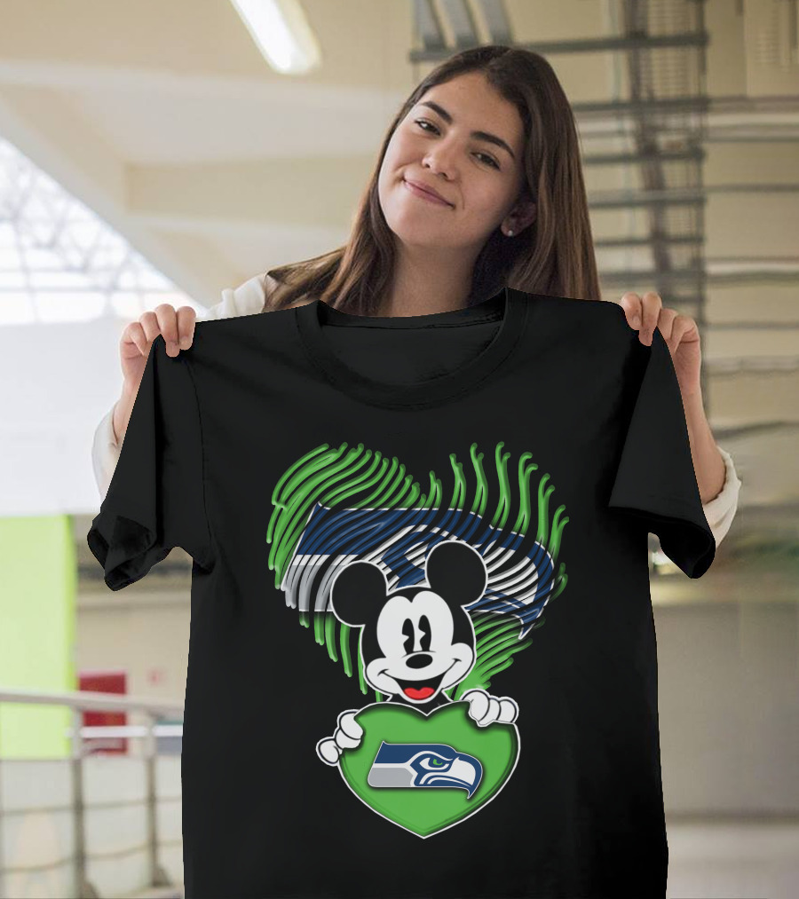 Mickey Mouse Heart Green with Seattle Seahawks T-Shirt