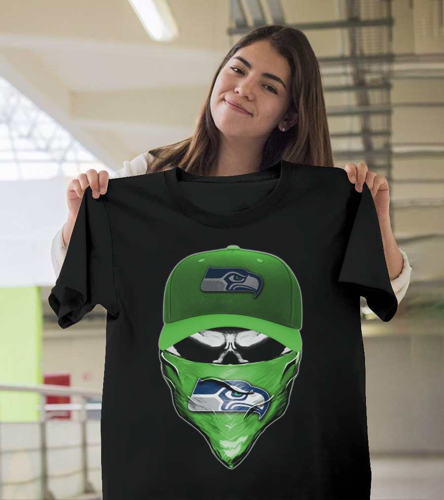 Skull V6 Seattle Seahawks Logo On Green Cap And Bandana T-Shirt