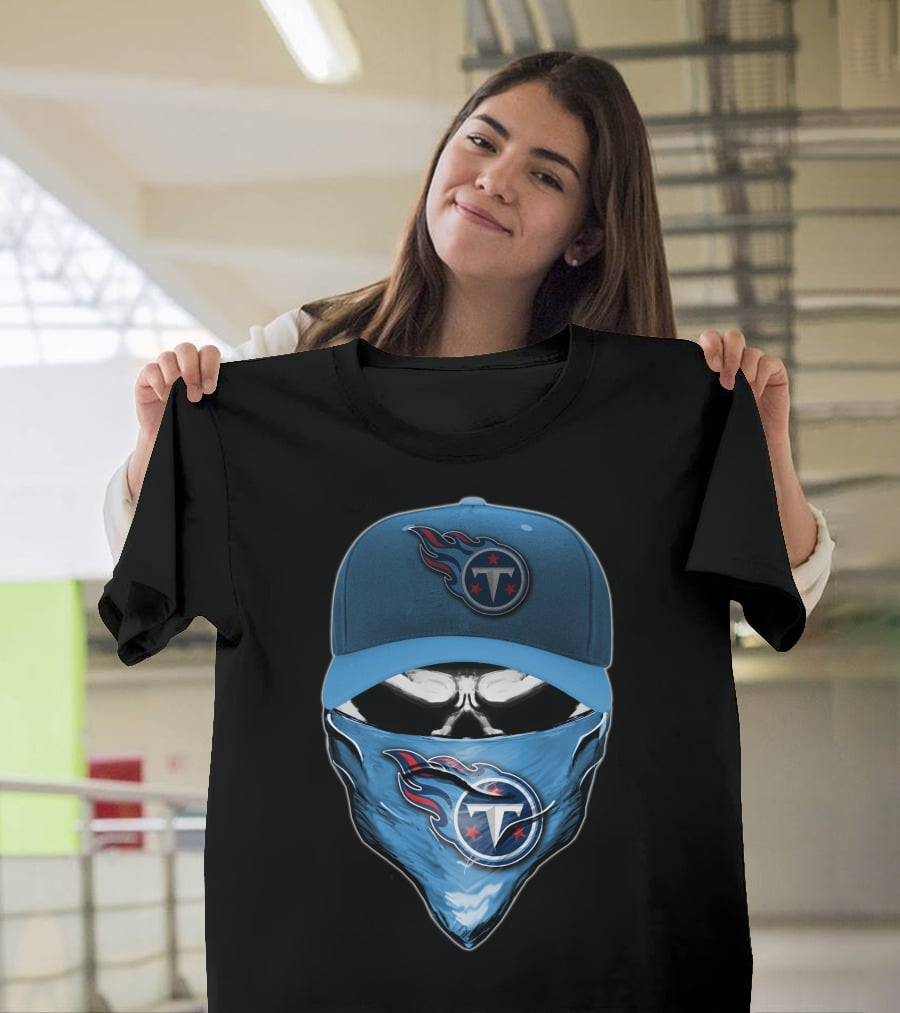 Skull V6 Tennessee Titans Logo Blue Hat And Bandana T-Shirt