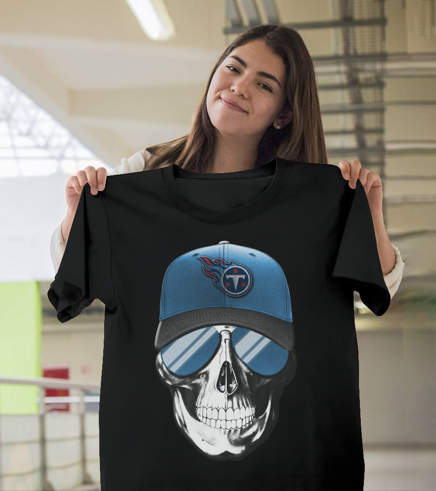 Skull With Tennessee Titans Logo Blue Cap And Sunglasses T-Shirt