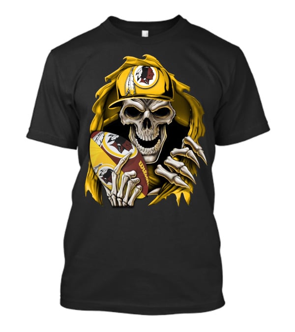 Skullbong Washington Redskins Skeleton Holding Football With Logo And Yellow Cap T-Shirt