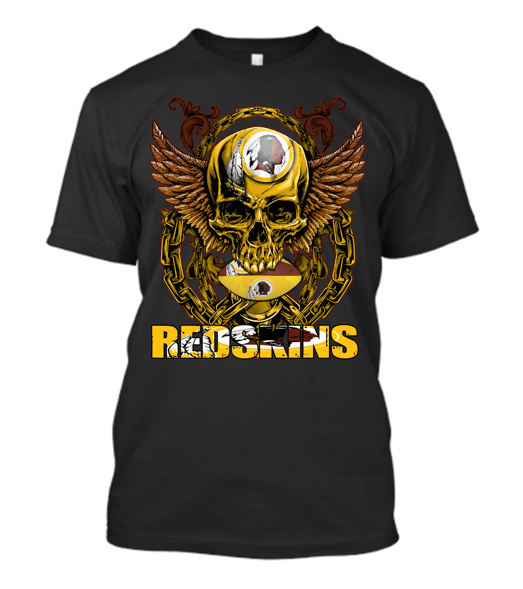 Redskins Skullfb Winged Skull Chains Feathers Football Helmet T-Shirt