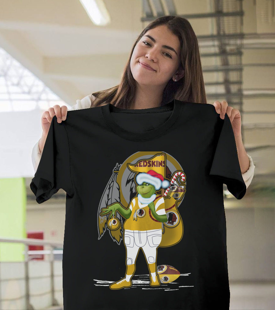 Grinchxmas V1 Washington Redskins Christmas Crossover With Santa Hat And Football Iconography T-Shirt