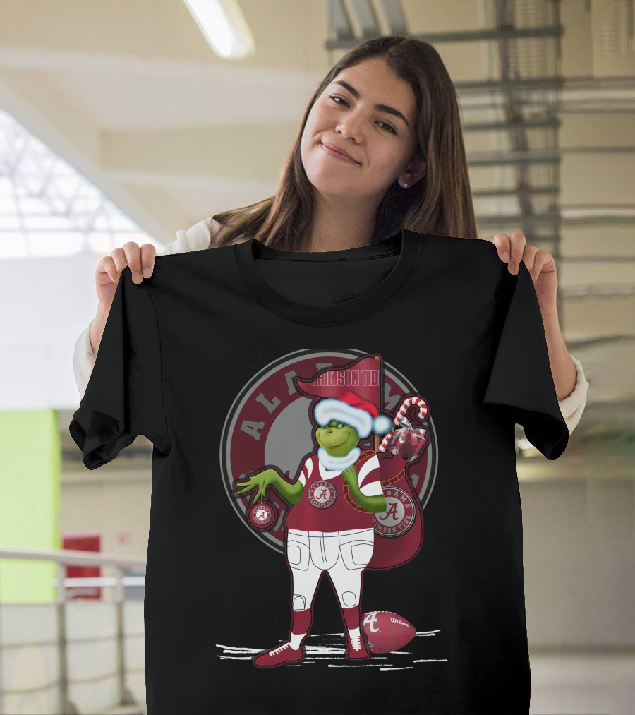 Grinchxmas Alabama Crimson Tide Football Theme With Santa Hat And Candy Cane Bag T-Shirt