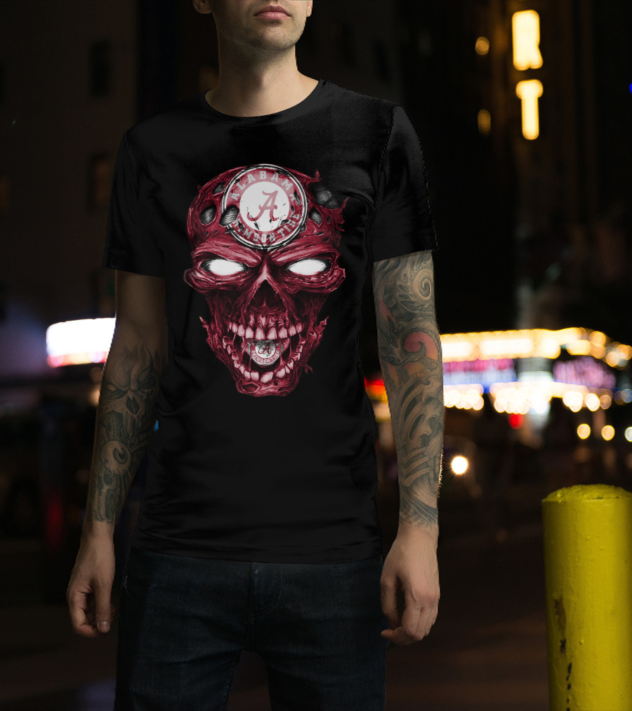 Skull V2 Alabama Crimson Tide A Logo Grinning Red Eyes T-Shirt