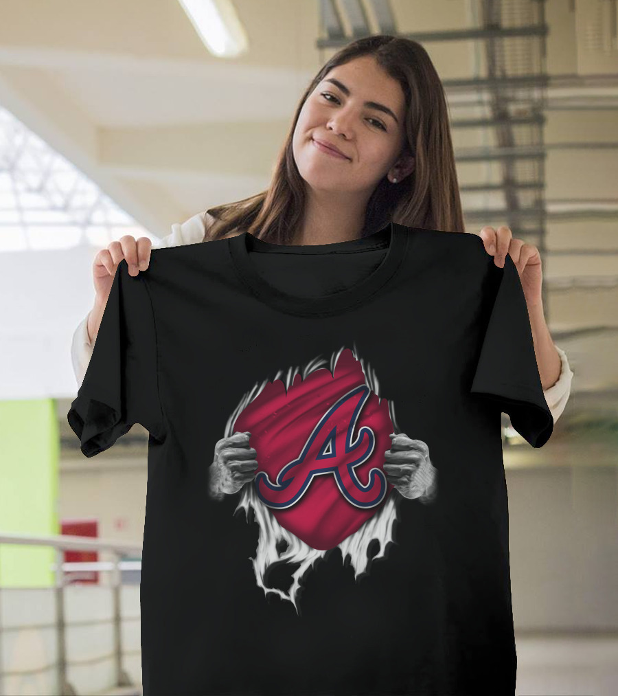 Atlanta Braves Torn Logo Emblem with Hands Peeling T-Shirt