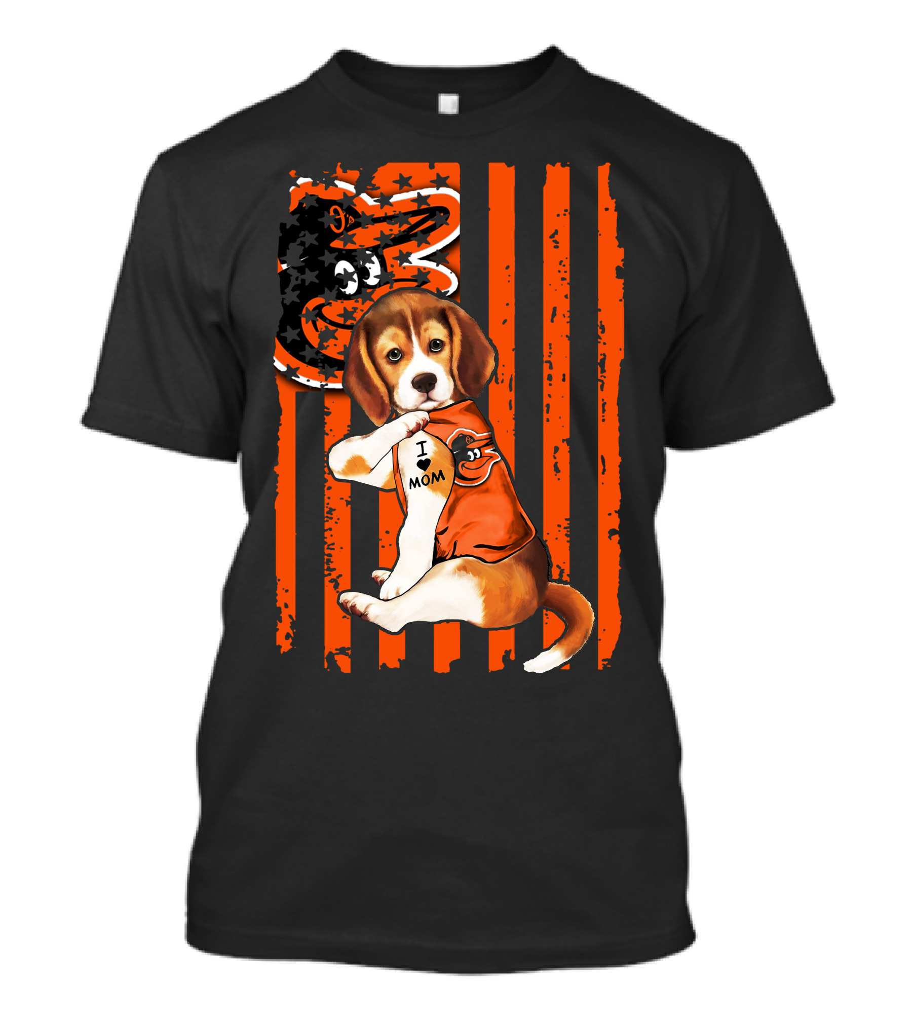 Beagle In Baltimore Orioles Orange With I Love Mom Tattoo And Stars And Stripes Background T-Shirt