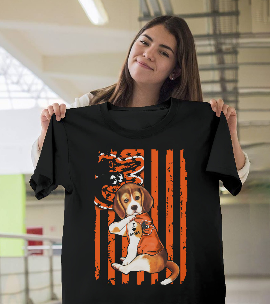 Beagle In Baltimore Orioles Orange With I Love Mom Tattoo And Stars And Stripes Background T-Shirt