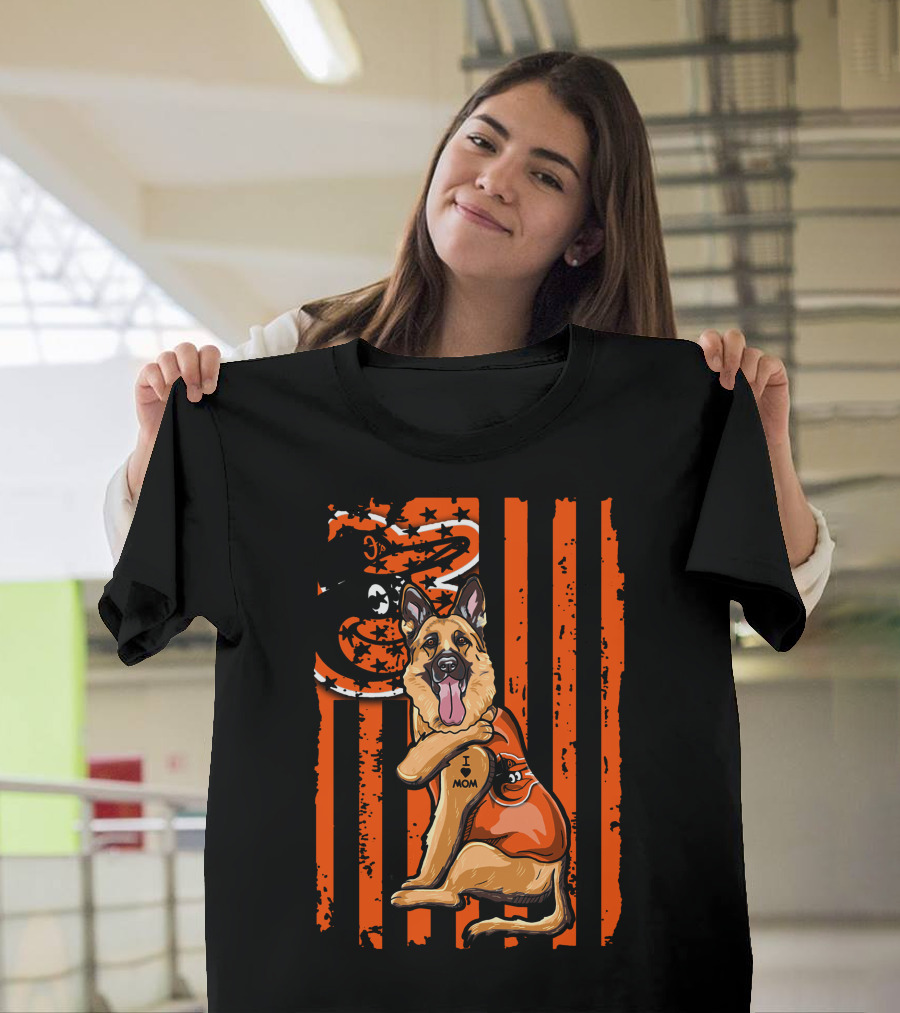 German Shepherd with Baltimore Orioles I Love Mom Tattoo Orange Stripes T-Shirt