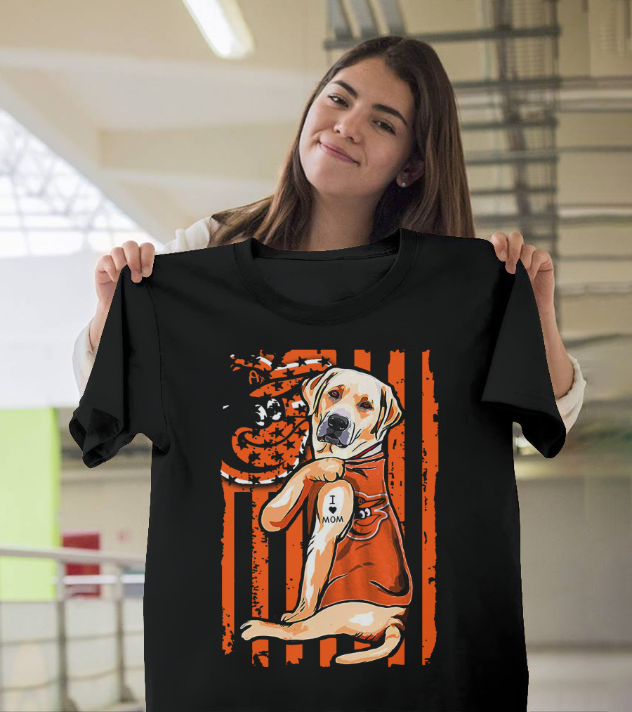 Labrador Retriever I Love Mom Baltimore Orioles Stripes and Mascot T-Shirt