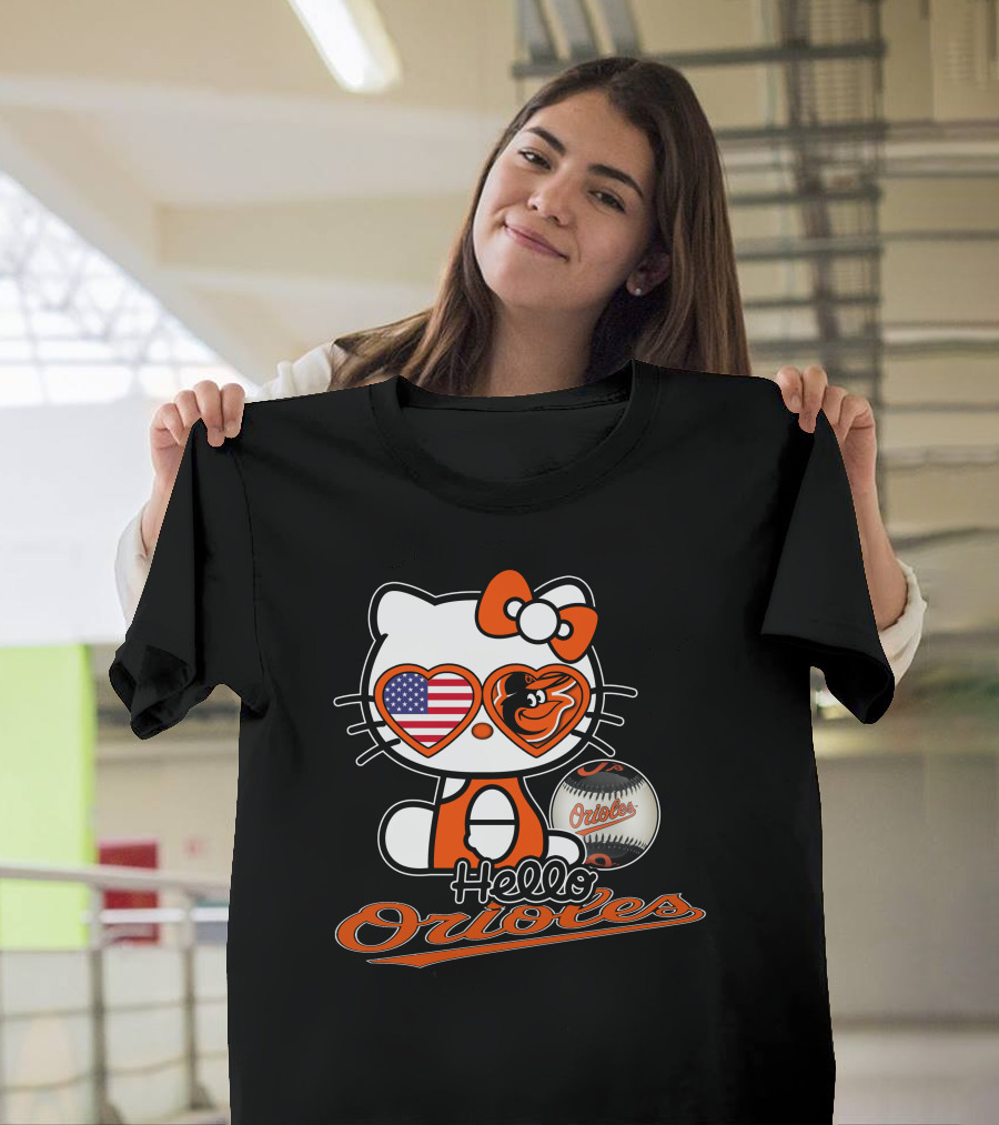 Hello Kitty Orioles Baltimore American Flag Baseball T-Shirt
