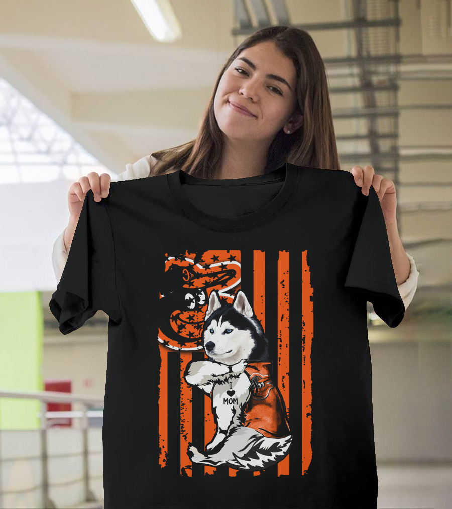 Siberian Husky Baltimore Orioles Dog Mom USA Flag T-Shirt