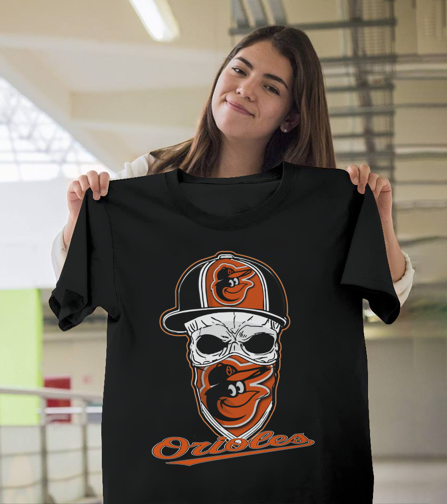 Skull Face Mask Baltimore Orioles Logo Hat T-Shirt