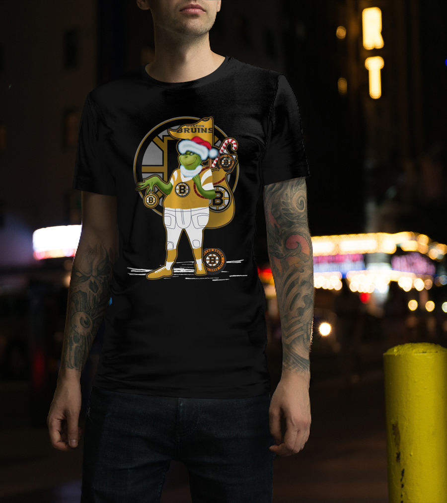 Grinch Boston Bruins Santa Hat Candy Cane Bruins T-Shirt