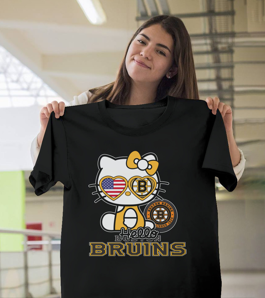 Hello Kitty Boston Bruins Established 1924 USA Flag Heart Sunglasses T-Shirt