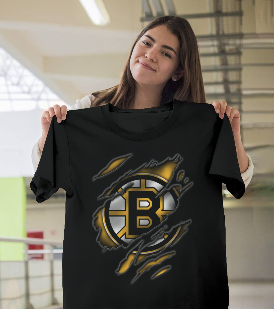 Torn Boston Bruins Logo Emblem Ripped Claw Marks T-Shirt