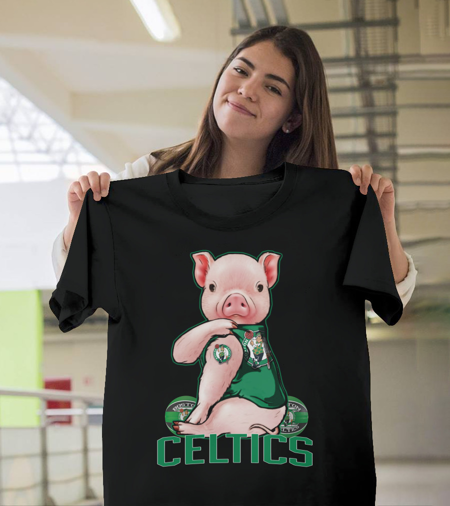 Pig Wearing Boston Celtics Logo Jersey with Celtics Text T-Shirt