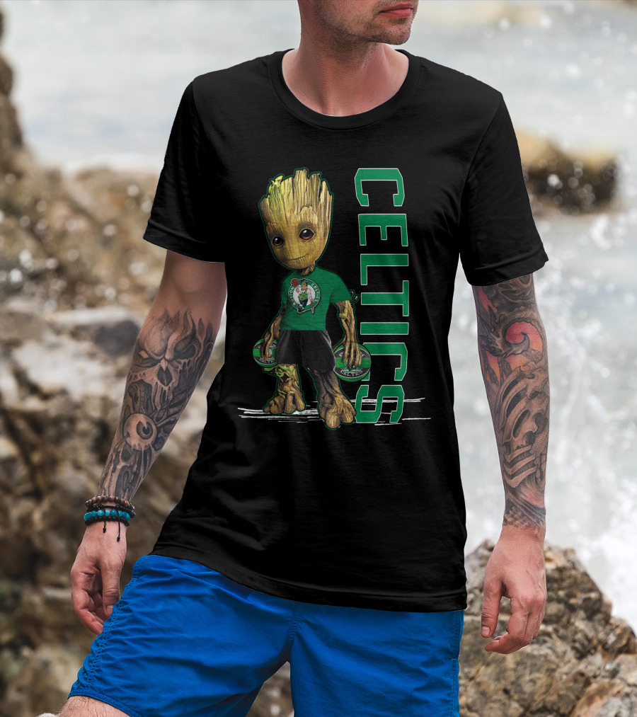 Groot Celtics Boston Fan Art Marvel Basketball Collaboration T-Shirt
