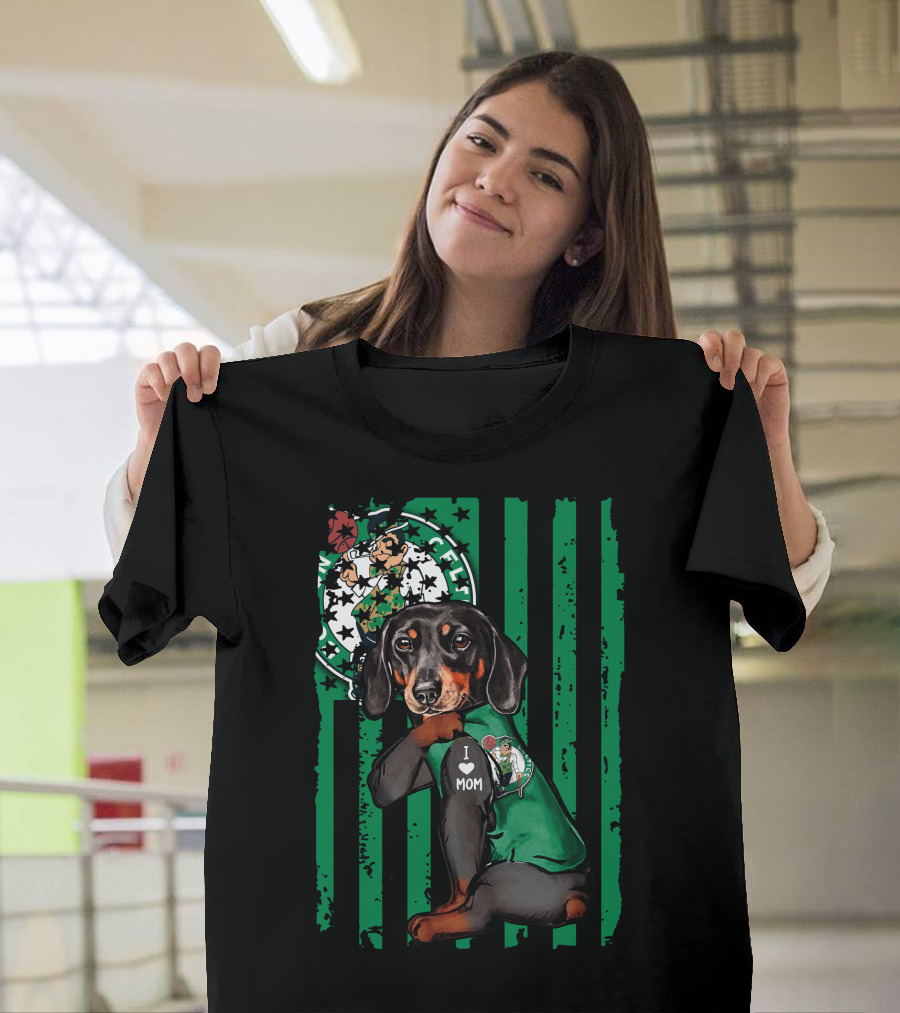Dachshund Wearing I Love Mom Shirt With Boston Celtics Logo And Mascot T-Shirt