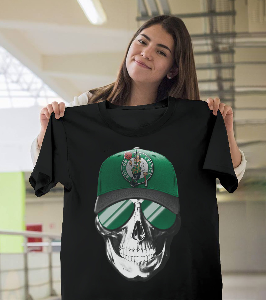 Boston Celtics Skull With Hat And Sunglasses T-Shirt