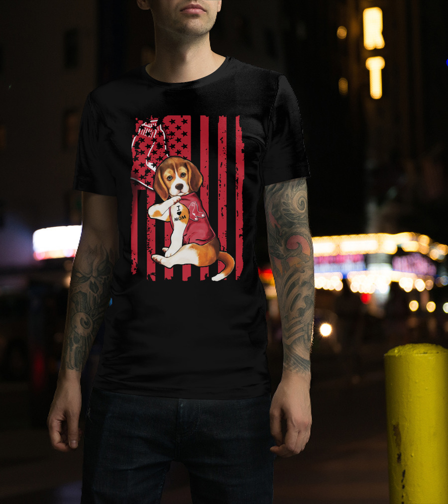 Beagle Puppy With Boston Red Sox Jersey And I Love Mom Tattoo On American Flag Background T-Shirt