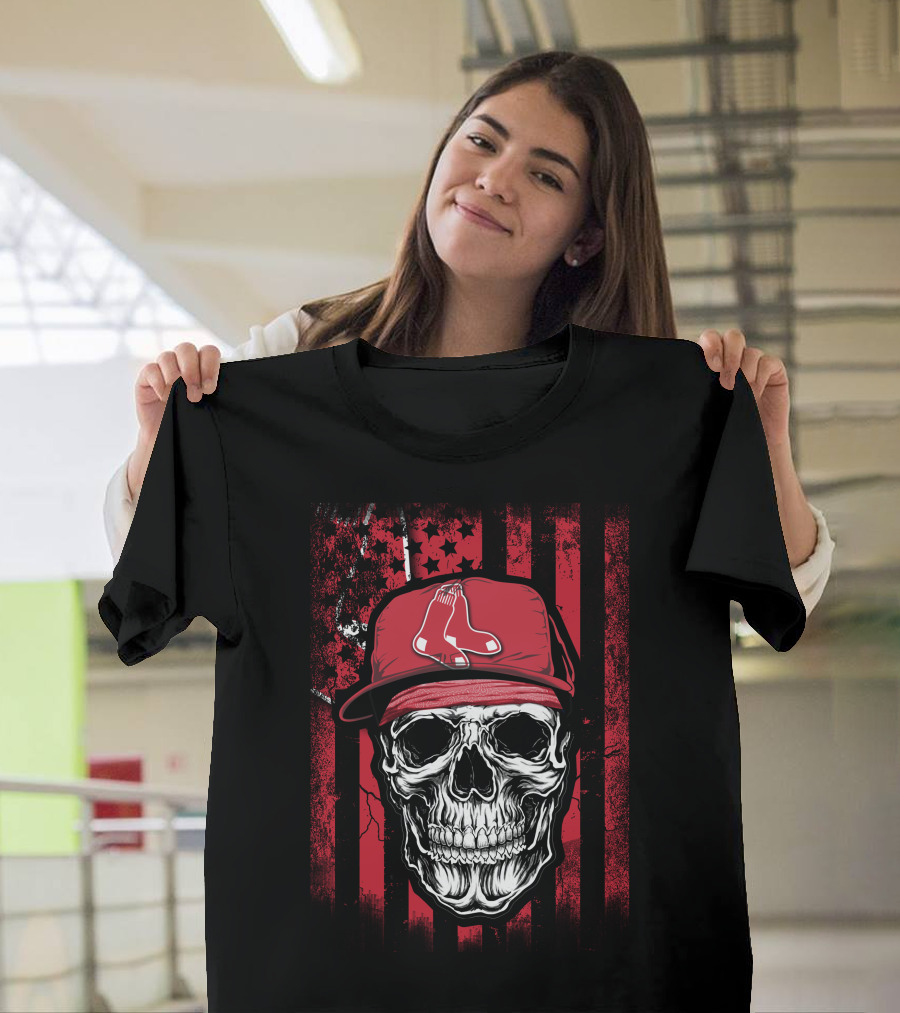 Boston Red Sox Skull Logo Cap on Red and Black T-Shirt