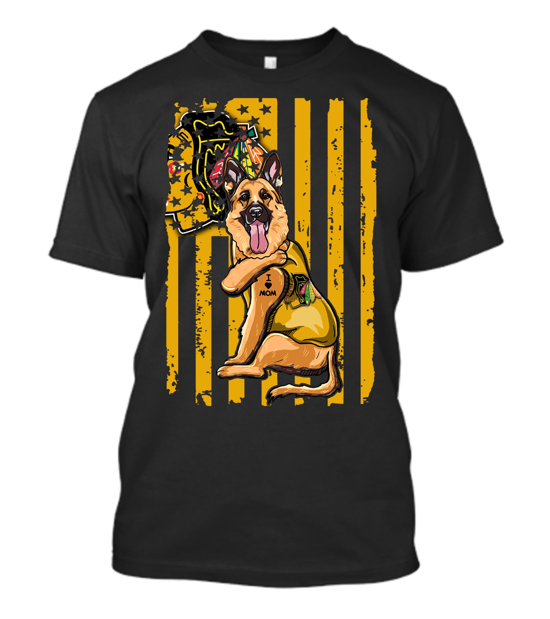 German Shepherd I Love Mom Chicago Blackhawks Stripes T-Shirt