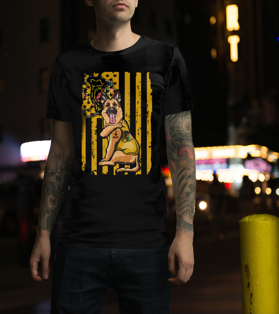 German Shepherd I Love Mom Chicago Blackhawks Stripes T-Shirt
