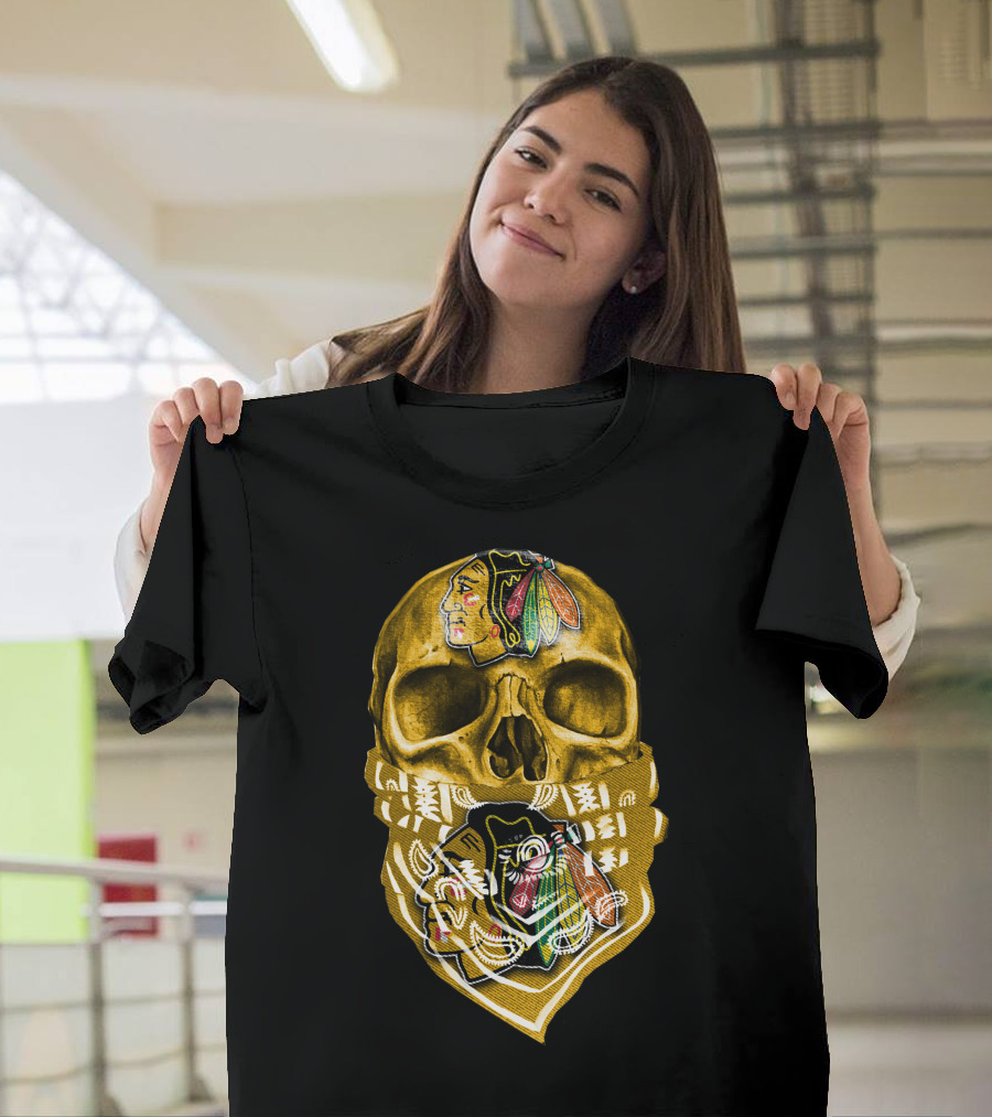 Skull with Chicago Blackhawks Logo Bandana T-Shirt