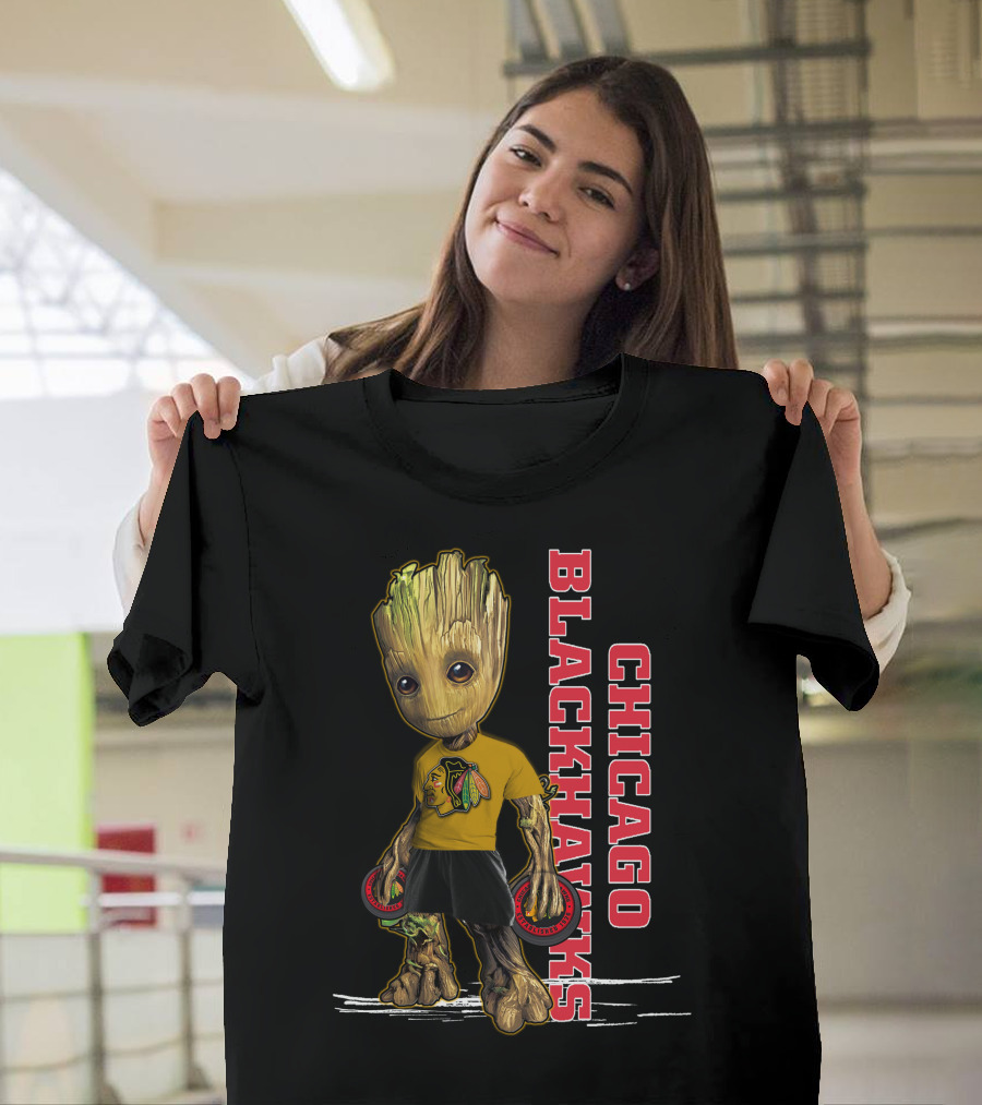 Groot Chicago Blackhawks Holding Hockey Pucks T-Shirt
