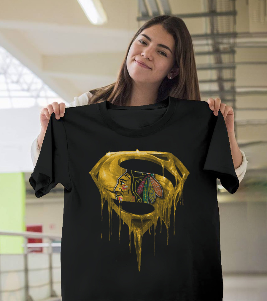 Superman Symbol With Chicago Blackhawks Logo Dripping Gold T-Shirt